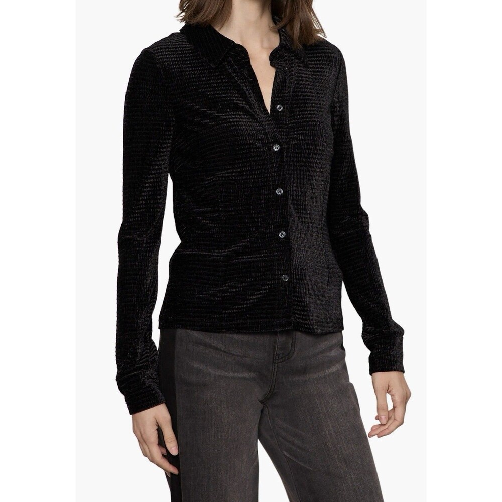 Sanctuary Fitted Textured Stripe Velvet Button-Up Shirt L